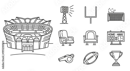American Football Icons - Stadium, Goalpost, Ball, and Trophy Line Art.