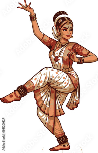A woman in traditional Indian attire performing Bharatanatyam, a classical dance form, with elegant hand and leg movements against a plain white background.