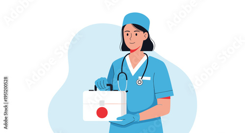 Professional female medical worker in blue scrubs holding a white first aid kit with a red circle symbol against a light blue backdrop.