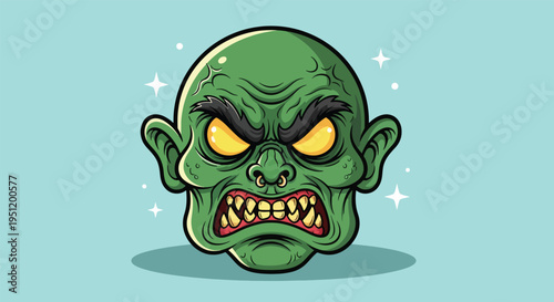 Scary Green Monster Face with Angry Expression.