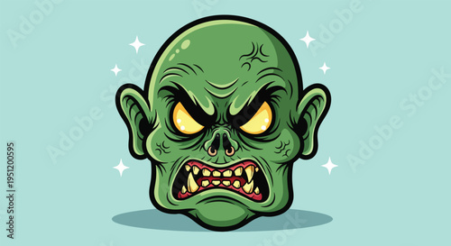 Scary Green Monster Head with Angry Expression and Glowing Eyes.