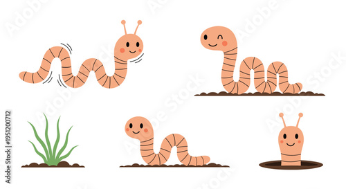 Collection of adorable pink earthworm characters in various activities like crawling, winking, and peeking out of a hole.