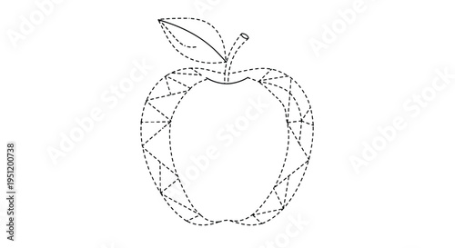 Dotted outline drawing of an apple fruit with internal geometric triangular patterns to serve as a coloring or tracing guide.
