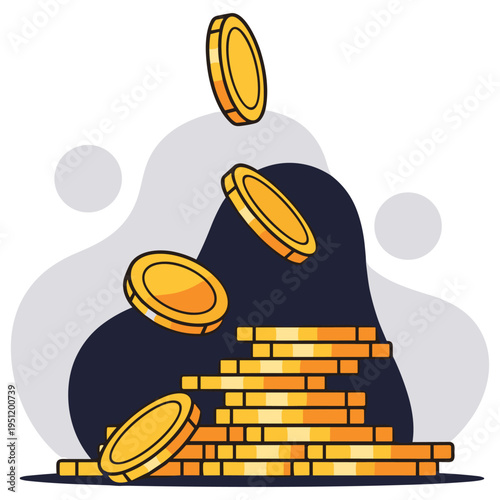 Stack of coins falling and piling on white background. non editable strokes