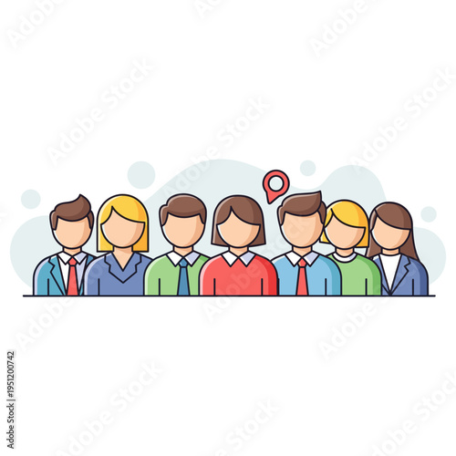 Group of diverse professionals standing in row with location marker. non editable strokes