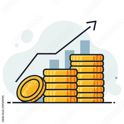 Stacks of coins rising with upward arrow indicating financial growth. non editable strokes