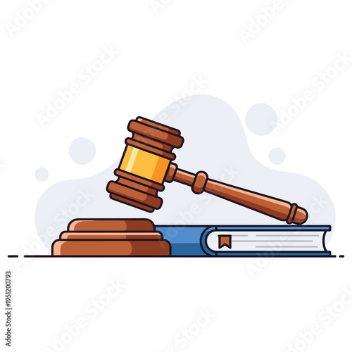 Gavel resting on law book next to sounding block on white background. non editable strokes