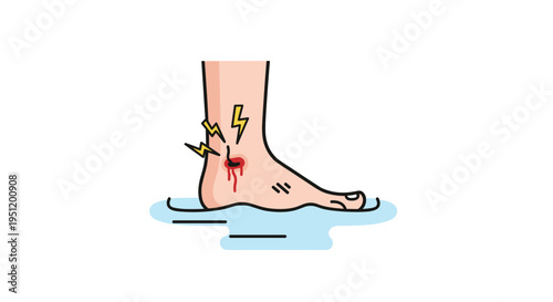 Human foot with a bleeding wound stepped in blue water with lightning bolts to illustrate the danger of infection or shock.