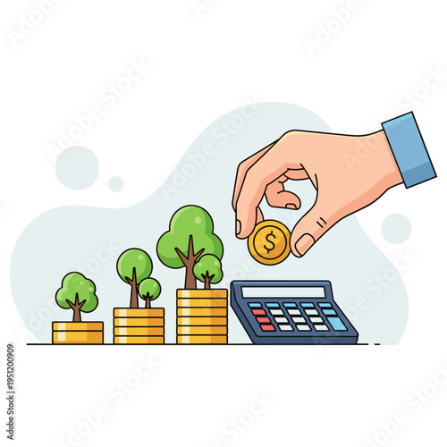 Hand placing coin into investment stack with calculator nearby. non editable strokes