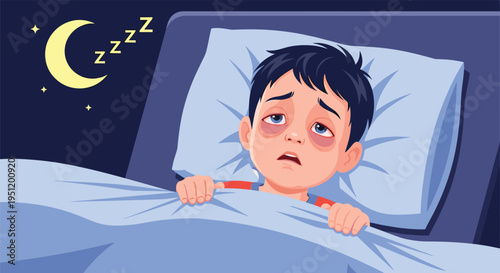 Young boy lying in bed at night with dark circles under his eyes and a crescent moon outside to represent insomnia or fatigue.