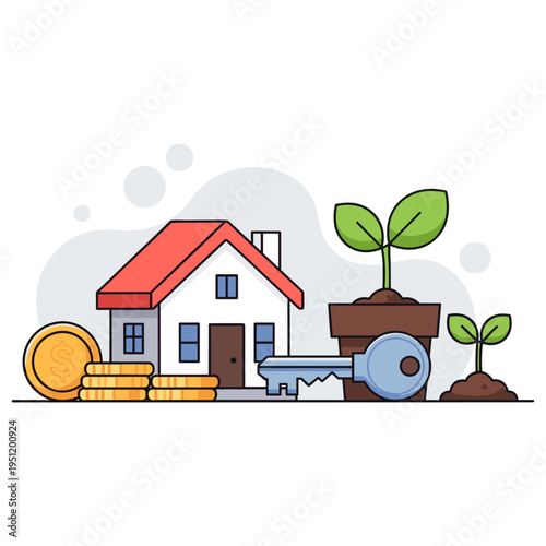 House with coins key and seedlings symbolizing property investment. non editable strokes