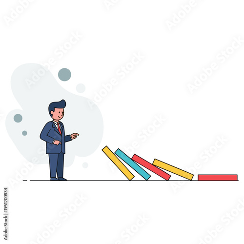 Businessman observing domino blocks falling in minimalist scene. non editable strokes
