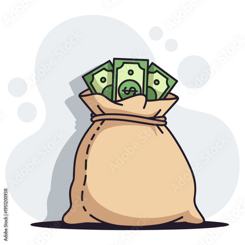 Money bag filled with cash sitting on plain background. non editable strokes