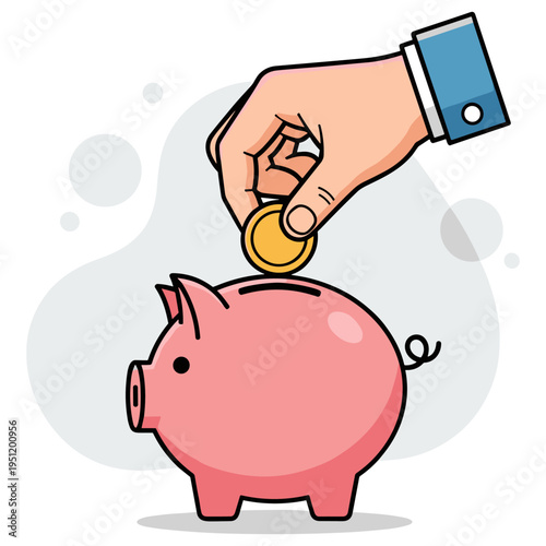 Hand inserting coin into piggy bank representing savings. non editable strokes