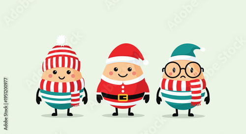 Trio of adorable egg-shaped characters dressed in festive winter hats, scarves, and a santa claus costume for Christmas.