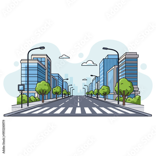 Urban street lined with buildings and trees at crosswalk. non editable strokes