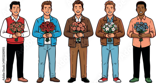 A group of five men standing in a line each holding a bouquet of flowers and smiling with casual diverse outfits