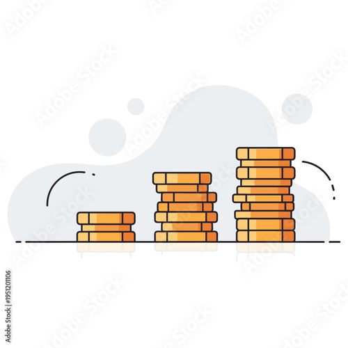 Stacks of coins increasing in size on reflective surface. non editable strokes