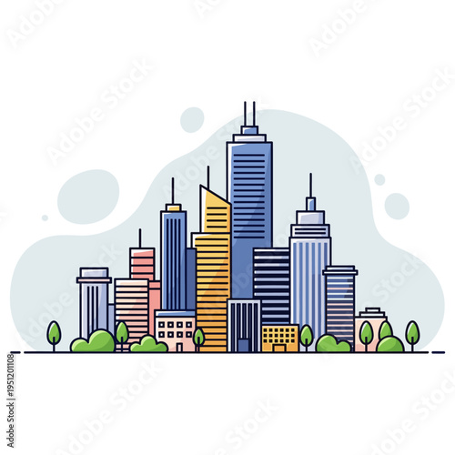 City skyline rising with clustered skyscrapers in urban landscape. non editable strokes