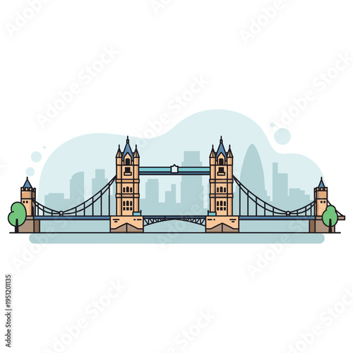 Historic suspension bridge spanning river with city skyline. non editable strokes