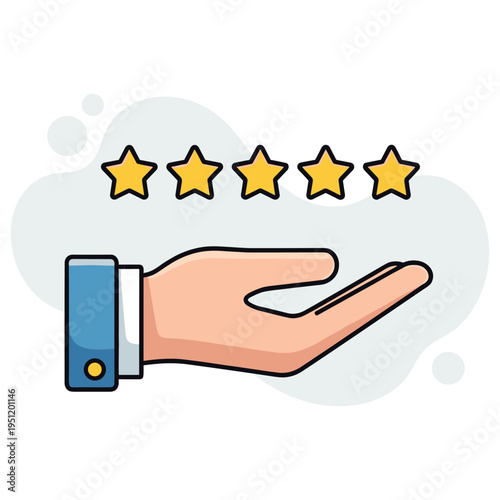 Open hand presenting five star rating icons on white backdrop. non editable strokes