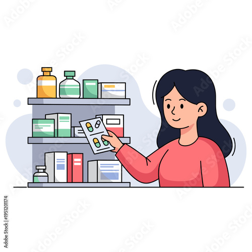 Woman selecting medication package from pharmacy shelf. non editable strokes