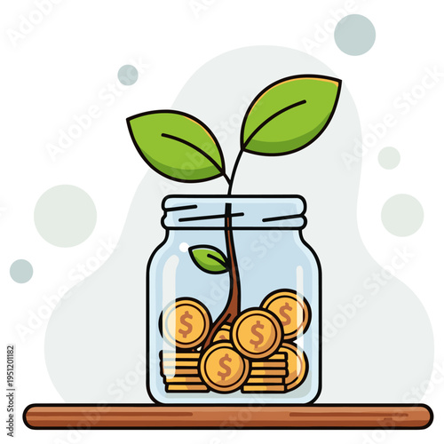 Glass jar filled with coins and sprout symbolizing financial growth. non editable strokes