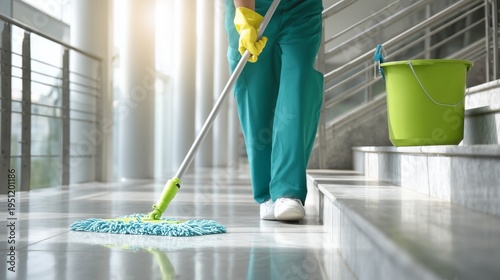 Cleaner mopping a shiny floor in a modern office building with a bucket on the stairs