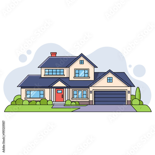 Suburban two story house with garage and landscaped front yard. non editable strokes