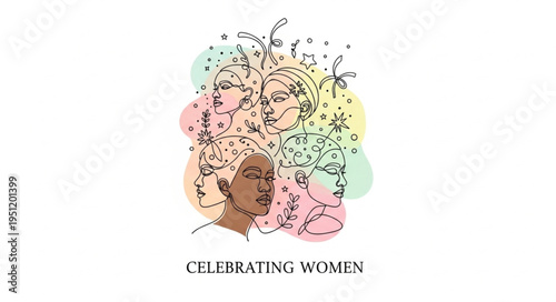 Diverse women celebrated in artistic illustration with colorful abstract elements.