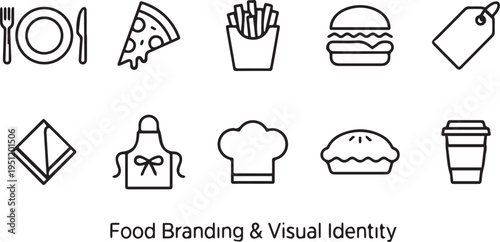 A collection of black and white food icons for branding and visual identity purposes including utensils, pizza, fries, burgers, and other culinary related symbols