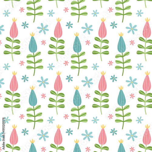 Hand drawn cute spring flowers with unopened buds. Seamless children's pattern for textiles, clothing, wallpaper, and paper. Vector botanical illustration in doodle style.
