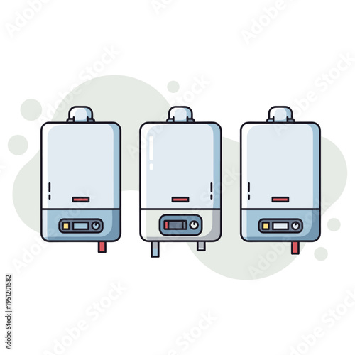 Three tankless water heaters arranged on neutral background. non editable strokes