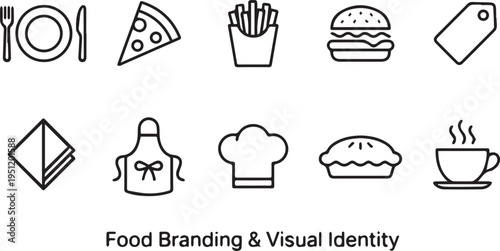 A collection of black and white food icons and branding elements on a white background for visual identity and food branding purposes