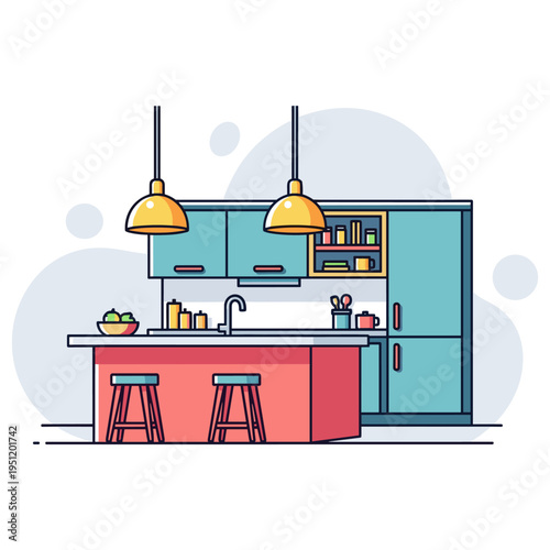 Kitchen island set with stools under pendant lights in interior. non editable strokes