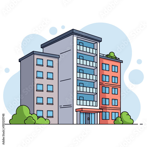Modern apartment building exterior with trees and entrance. non editable strokes