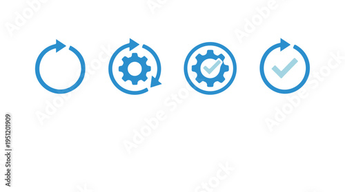 Four blue icons depicting a process cycle of gear settings and checkmarks on a white background for business or technology concepts
