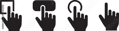 Four black hand icons with fingers pointing and interacting with digital elements on a white background for user interface design
