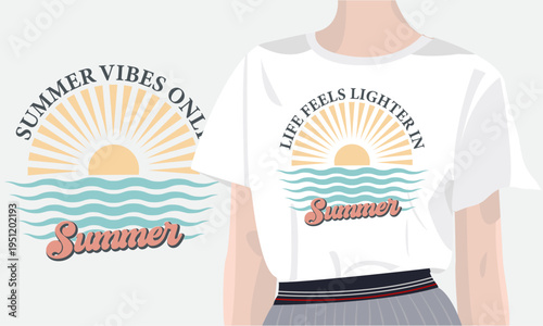 Summer themed retro design with sun and waves with women t shirt mock up for t-shirts , mom quotes, t-shirt, cards, frame artwork, phone cases, bags, mugs, stickers, tumblers