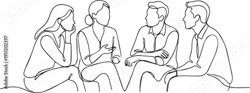 A group of four people sitting in a circle and engaged in a conversation with each other in a simple line drawing style
