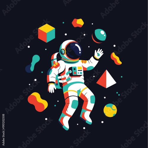 Astronaut Floating in Space with Geometric Shapes.