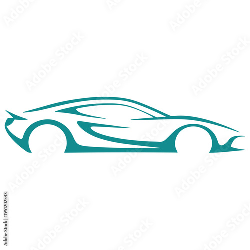 Minimalist teal outline of a sleek sports car isolated on a pure white background for branding