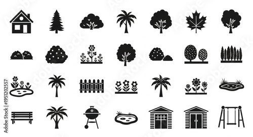 Collection of garden and landscape design elements in silhouette style.