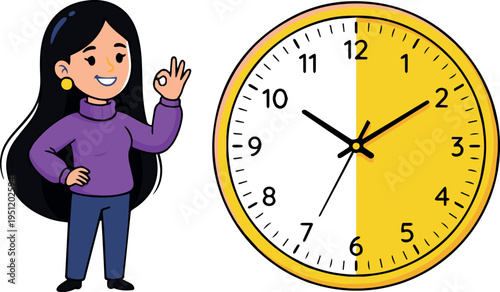 A cartoon woman in a purple sweater gestures towards a large yellow and white clock on a plain background