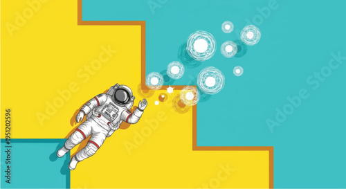 Astronaut in Space Suit Floating with Bubbles.