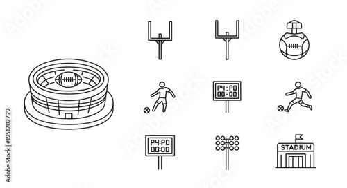 Line Art Icons Depicting Football and Stadium Elements.
