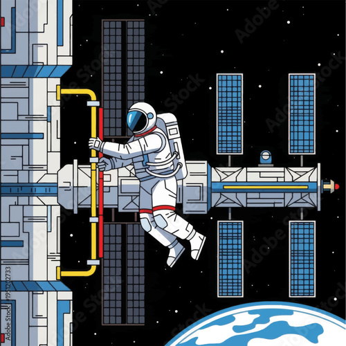 Astronaut Performing Spacewalk Near Space Station.