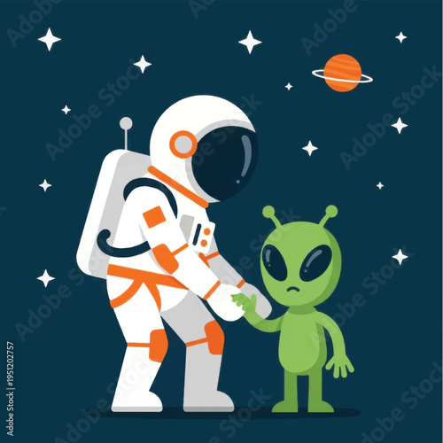 Astronaut Shaking Hands with Alien in Space.