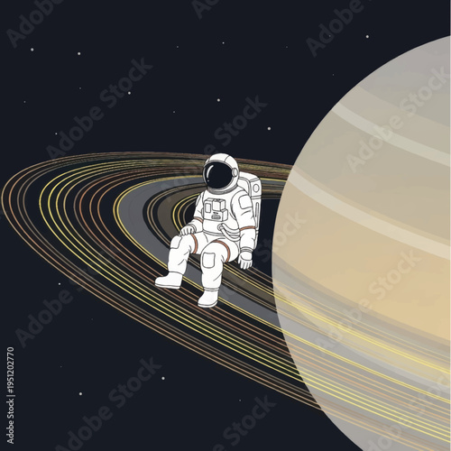 Astronaut Sitting on Saturn Rings Space.