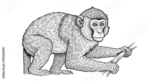 Monkey Holding Branch, Black and White Line Art Illustration, Primate Animal Drawing